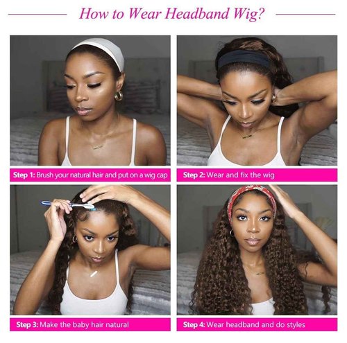 Chocolate Brown Deep Wave Headband Wig Human Hair #4 Colored Curly Headband Wigs for Black Women Human Hair Glueless None Lace Front Wigs Brazilian Virgin Hair Wig Machine Made 150% Density 22 Inch