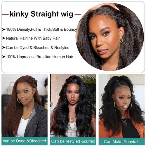 veravicky Kinky Straight Wig Human Hair 14 inch Glueless Kinky Straight 13x4 Lace Front Wig Pre Plucked HairLine with Baby Hair 180% Density Yaki Straight Wigs Natural Black Color