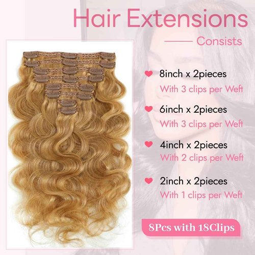 Tandulo Clip in Hair Extensions Real Human Hair Body Wave 27 Honey Blonde Clip in 100% Brazilian Remy Human Hair Extensions 8pcs Per Set with 18 Clips Double Weft 24 Inch 120g/3.6oz