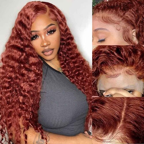 Siyun Show 13x4 Reddish Brown Deep Wave Lace Front Wigs Human Hair Wigs for Black Women 24 Inch Copper Red Deep Curly Wig Human Hair 180% Density Auburn Colored Wigs With Baby Hair