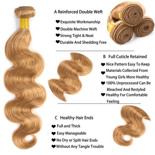 FuivJuix #27 Blonde Bundles Body Wave Bundles Human Hair 28 28 28 Inch Brazilian Virgin Hair Honey Blonde Body Wave Bundles Human Hair Extensions 3 Bundle 50 Gram Per Bundle
