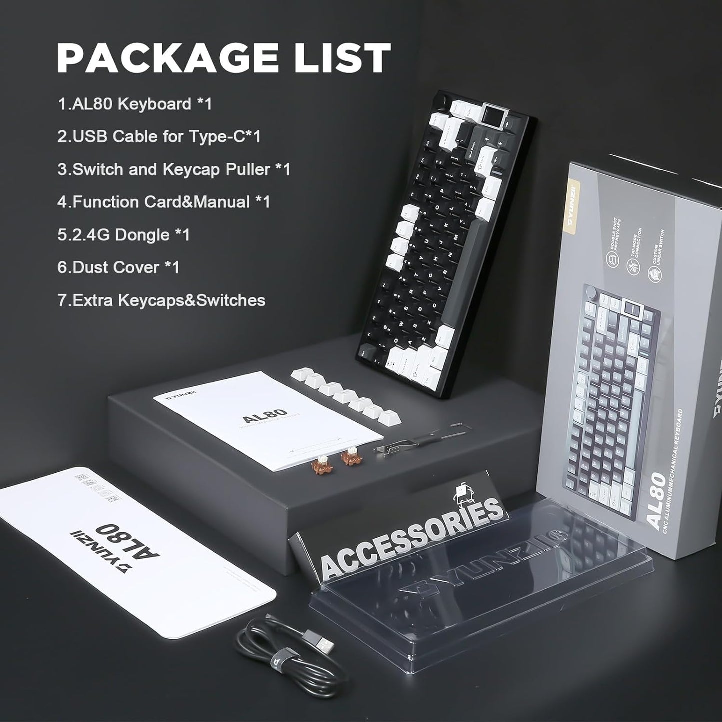 YUNZII AL80 Wireless Mechanical Keyboard,Full Aluminum CNC, Smart LCD Display,Hot Swappable Gasket Mount 75% Layout with Knob,BT/2.4G/USB-C,QMK/VIA Support for Win/Mac (Silver, Cocoa Cream V2 Switch)