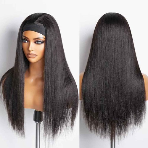 Unvizossa Straight Headband Wig Human Hair Brazilian Virgin Human Hair Wigs for Black Women Glueless Half Wig Machine Made No Lace Front Headband Wig Natural Black Color 22 Inch