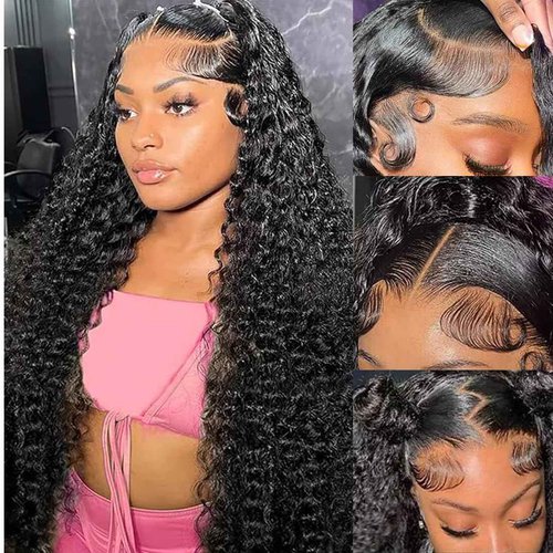 TONHONK 24 Inch Deep Wave Lace Front Wigs Human Hair 200 Density 13x6 HD Lace Frontal Wigs Human Hair Pre Plucked Deep Curly Glueless Wigs Human Hair with Baby Hair Curly Wigs for Women Natural Color