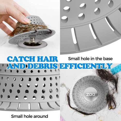 zaa Bathtub Drain Hair Catcher, Silicone Collapsible 3 Pack Drain Protector for Pop-Up and Regular Drains of Shower, Bathtub, Tub, Bathroom, Sink, Black Grey Blue