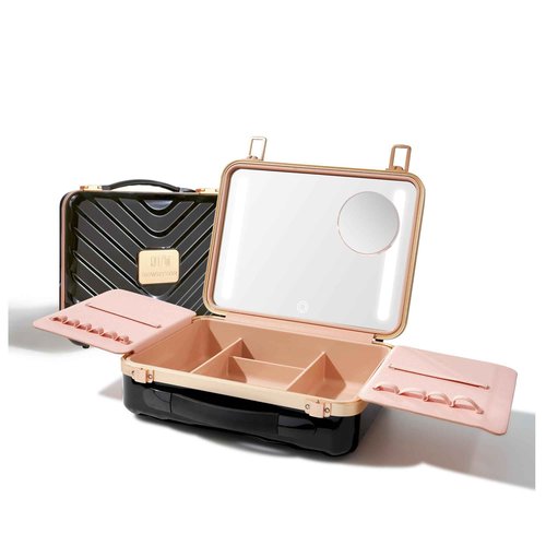 ROWNYEON Travel Makeup Case With Light Up Mirror Portable Train Case Organizer Make up Box for Girls Makeup Artist Hairstylist Casewith 5x Mirror Black