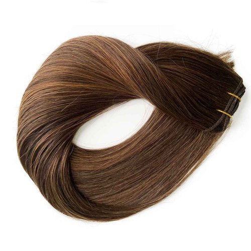 Sew in Hair Extensions Real Human Hair, Weft Hair Extensions Human Hair Bundles 16 Inch 100G Dark Brown Balayage Light Brown Hair Bundle Human Hair Hand Tied Weft Hair Extension for Women