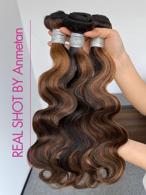 Anmetan Honey Blonde Highlight Bundles Human Hair Body Wave, 12A Thick F1B/30 Highlight Black and Brown Colored Quick Weave 100% Brazilian 12A Unprocessed Remy Hair Double Weft 3 Bundles 10/12/14 Inch