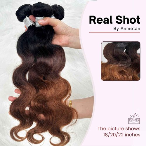 ANMETAN Ombre T1B/2/30 Body Wave Human Hair 3 Bundles with 4x4 Closure, 12A Chestnut Brown Bundles and HD Lace Closure Free Part (10/12/14+10 In) Real Remy Hair Wavy Thick 3 Tone Weave With Dark Roots