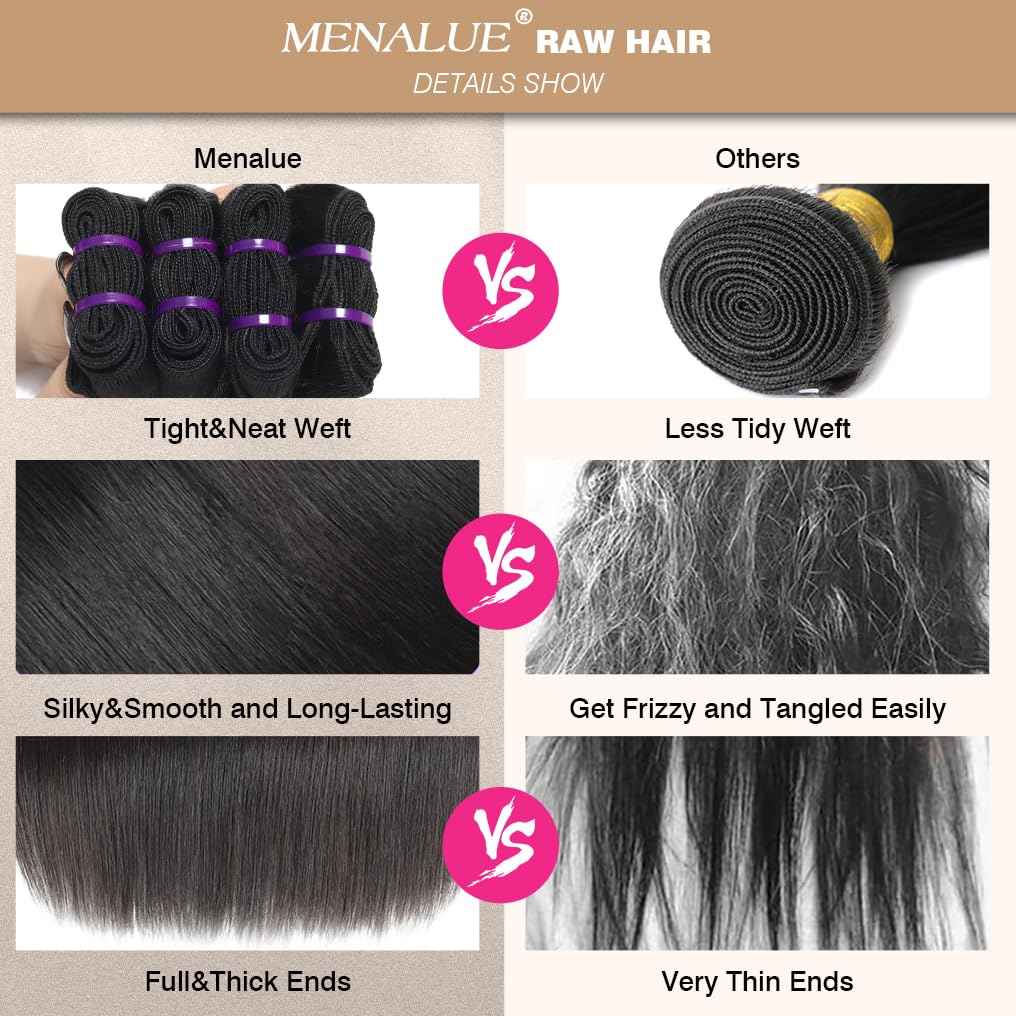 Menalue Human Hair Straight Bundles 14 16 18 Inch 16A Raw Vietnamese Virgin Human Hair Bundles Straight 3 Bundles Human Hair Full and Thick Natural Black Color Hair Extensions