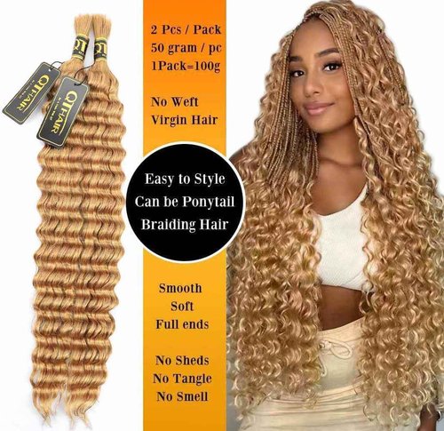 QTHAIR Brazilian Virgin Human Hair 16A Deep Wave Braiding Hair 1 Bundle 24 Inch Deep Wave Bulk Human Hair #27(Honey Blonde) Bundles for Braiding