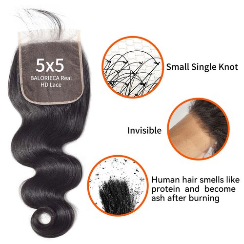 BALORIECA Real 5x5 HD Lace Closure Body Wave Human Hair with RAW human hair pre plucked with baby hair 0.10mm ultra-thin hd lace(14 Inch, Body Wave)
