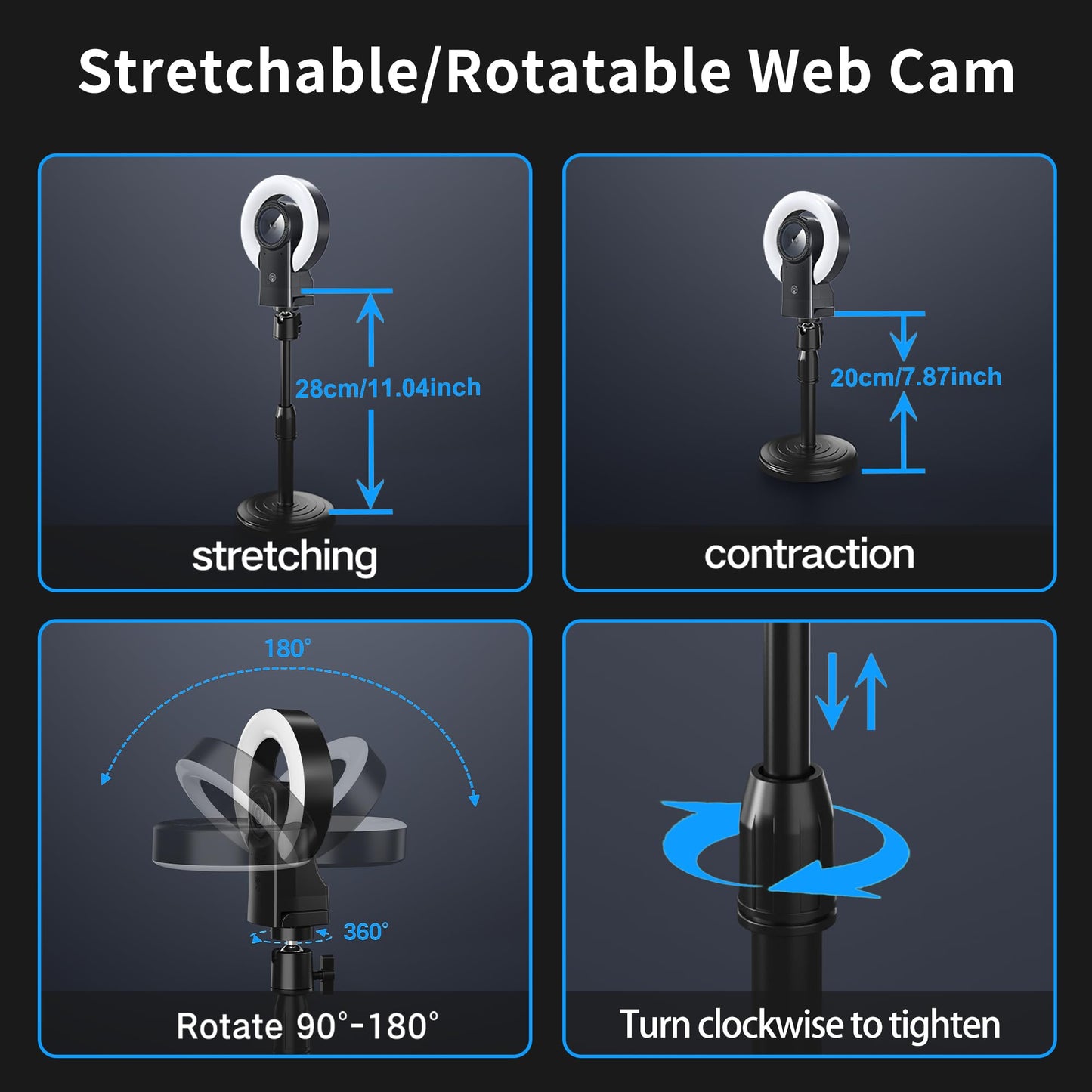 4K Webcam with Light, Web Cam with Speaker, Dual Noise Reduction Plug and Play, Web Camera for Desktop Computer, Auto-Focus, Privacy Protection, Webcam for PC Zoom Skype