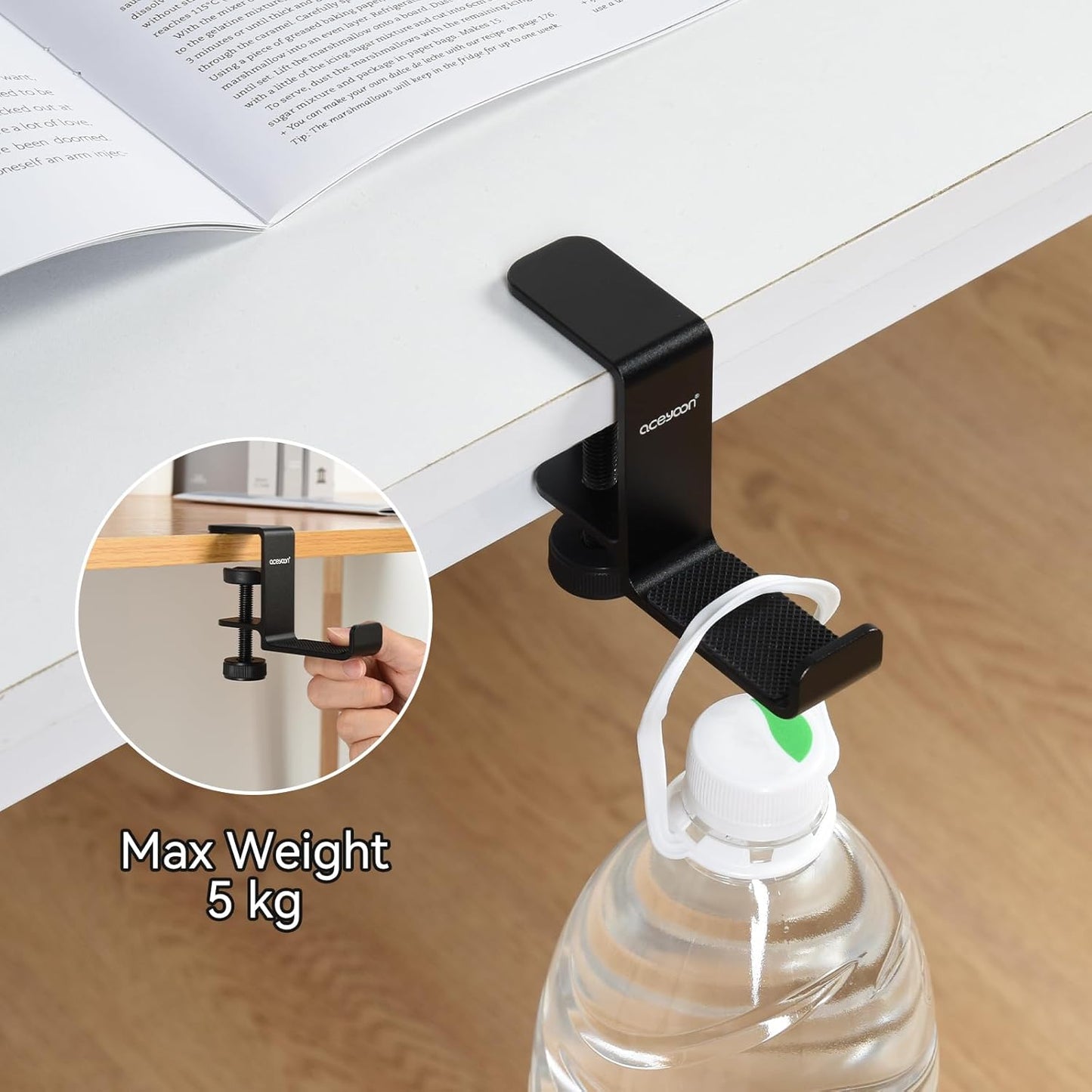 aceyoon Under Desk Headphone Hanger, Aluminum Headphone Stand,Headset Holder Space-Saving for Bag/Backpack/Gaming Headphone, Black