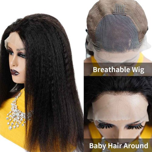 ZIYU 13X4 Kinky Straight Lace Front Wigs Human Hair for Women, 16 inch Kinky Straight Human Hair Wig Pre Plucked HairLine with Baby Hair,180% Density Yaki Straight Lace Wigs Natural Black Color
