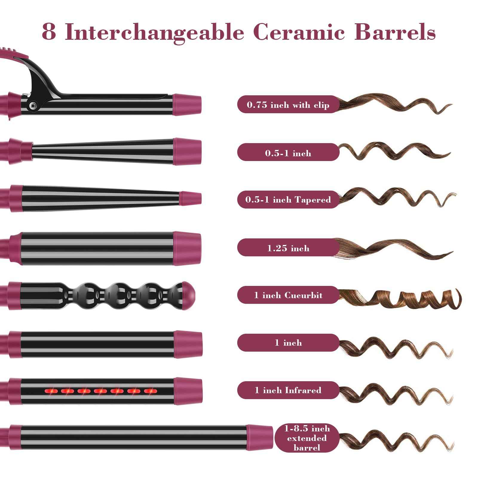 IG INGLAM Curling Iron Wand Set, 8 in-1 Interchangeable Ceramic Barrels with Infrared, Cucurbit, Tapered, Extended, 1in, 1 1/4 in, 3/4in Barrels and Clips
