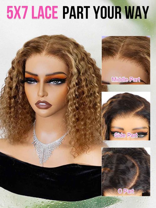 Highlight Blonde Wear and Go Glueless Wigs Human Hair Pre Plucked Pre Cut, 5x7 OQ Hair Glueless Wigs 4/27 Water Wave Short Curly Bob Wig Human Hair for Women 4/27 Color 16Inch