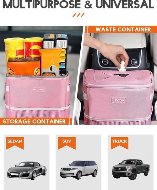 HOTOR Car Trash Can with Lid and Storage Pockets - 100% Leak-Proof Organizer, Waterproof Garbage Can, Multipurpose Trash Bin for Car, 2 Gallons, Pink