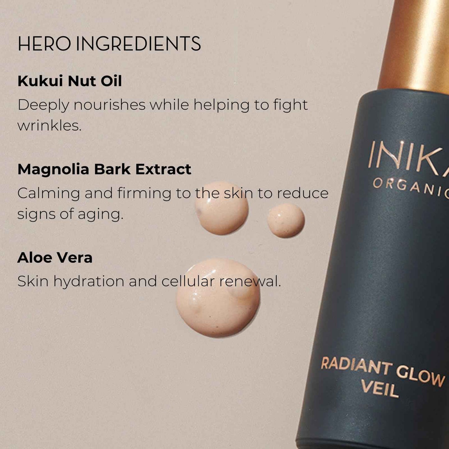 INIKA Organic Radiant Glow | Illuminate & Prime. Dewy, radiant Finish. Beautifying Primer, Nourishing Moisturiser, Finishing Highlighter. 100% Natural, 72% Organic Ingredients. Alcohol Free. 30mL