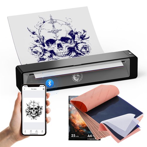 Wormhole Tattoo Stencil Printer with 25 Sheets Tattoo Transfer Paper Wireless Bluetooth 2,500mAh Battery Portable Tattoo Printer Compatible with Phone & PC for Artists and Beginners