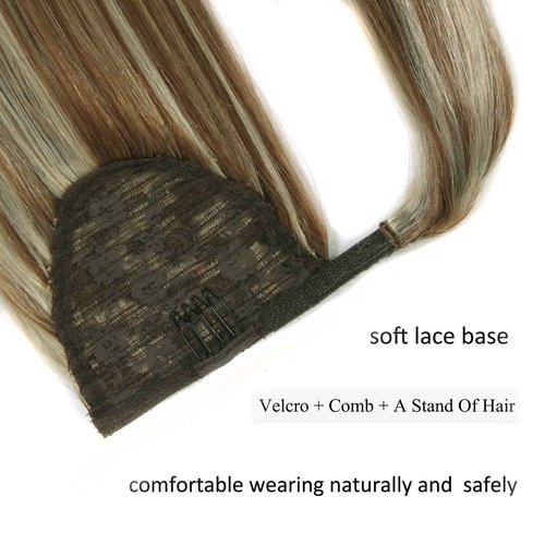 Ugrace Hair Blonde Ponytail Extension Human Hair Ponytail For Women Clip In Hair Extensions Wrap Around Long Ponytail Remy Straight One Piece Hairpiece Hair(16 inch, Highlight P10/613)