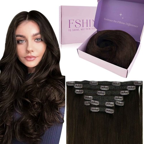 Fshine 20 Inch Clip in Hair Extensions Real Human Hair 105g 7pcs Dark Brown Hair Extensions for Women Full Look with Seamless Finish for Daily or Event Styling