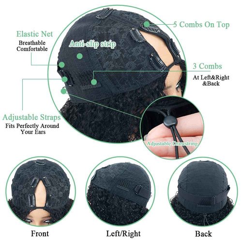 Amznlady Afro Kinky Curly V Part Wig Human Hair Brazilian Virgin Glueless Wig Human Hair for Black Women Upgrade U Part Wigs Kinky Curly Wigs No Leave Out 200% Density Natural Color 20 Inch