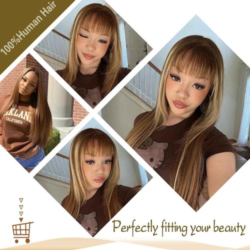 Realloves Highlight Ombre Bundles with Lace Closure Brazilian Straight Brown Blonde Highlight 3 Bundle with 4X4 Free Part Closure (14 16 18+14Inch) P4/27 Colored Remy Virgin Hair Weave