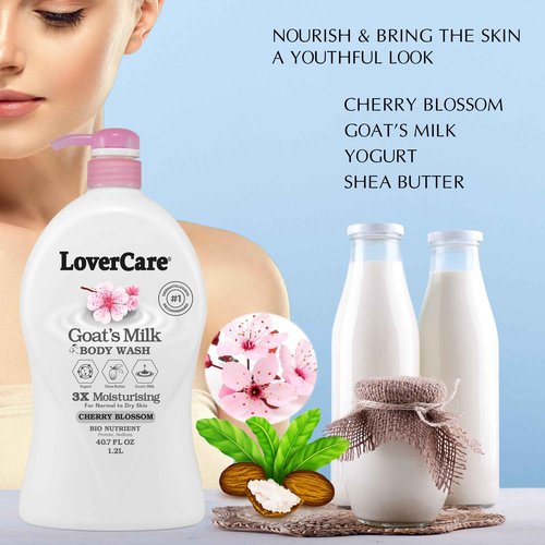 Lovercare Combo Goat Milk Moisturizing Body Wash Shower Cream Cherry Blossom 40.7 fl oz Goat Milk Cherry Blossom Body Lotion 27 fl oz
