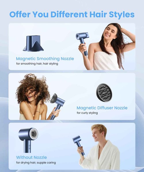 LAMPICK Hair Dryer, 150000 RPM Lightweight High Speed Ionic Blow Dryer for Fast Drying, 500 Million Negative Ions Care & Heat-Control Hairdryer with Magnetic Diffuser & Nozzle, 5 Temps & 3 Speeds