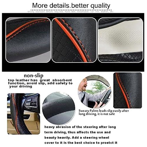 Car Steering Wheel Cover, Anti-Slip, Safety, Soft, Breathable, Heavy Duty, Thick, Full Surround, Sports Style (Black with Light Orange Line)