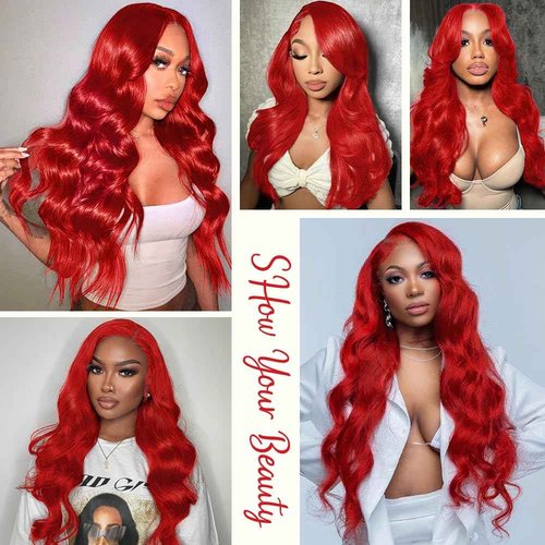Cloudeer 28 Inch Red Human Hair Lace Front Wigs 13x4 Red Body Wave Lace Front Wigs Human Hair Pre Plucked Red Wig Human Hair 200 Density HD Lace Frontal Wigs Human Hair