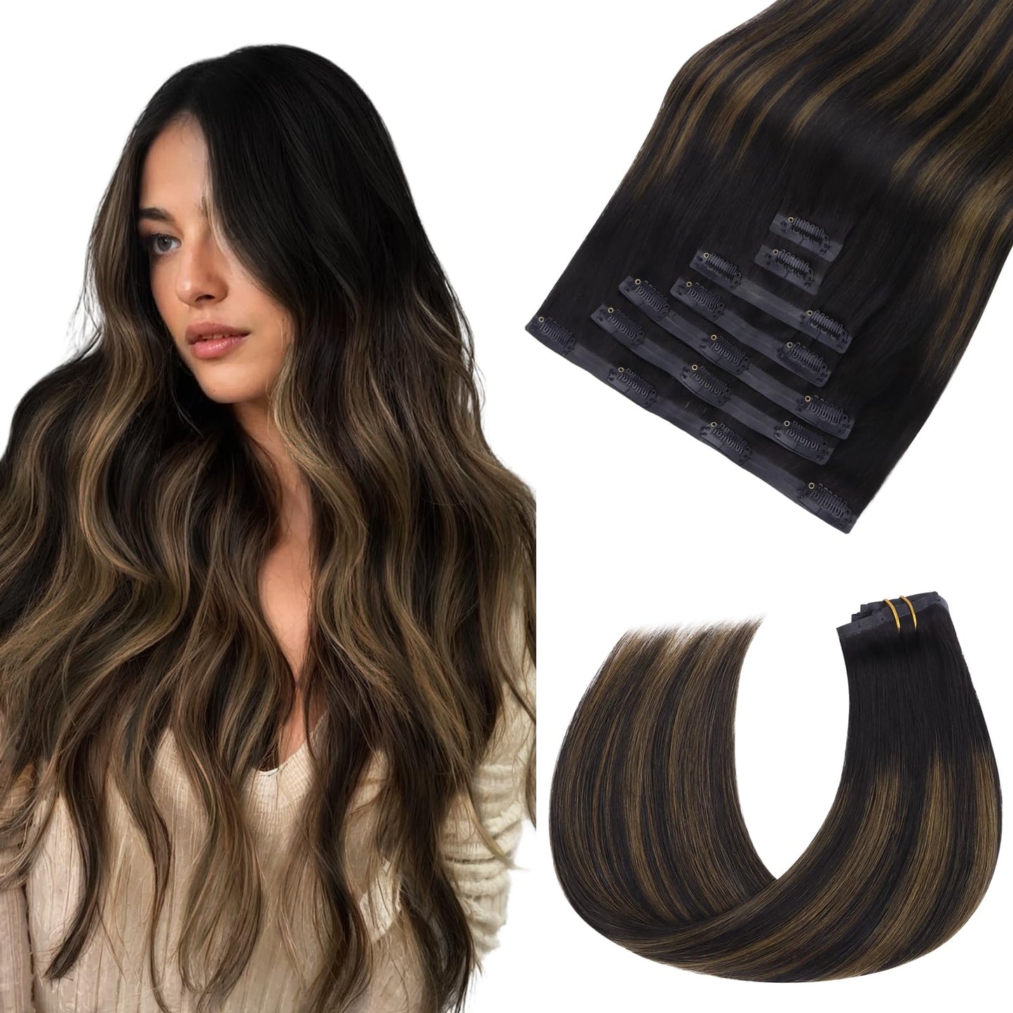 HOTBANANA Seamless Clip in Hair Extensions, 18 Inch 110g 7pcs Ombre Natural Black Mixed Chestnut Brown Invisible PU Skin Weft Straight Remy Human Hair Extensions