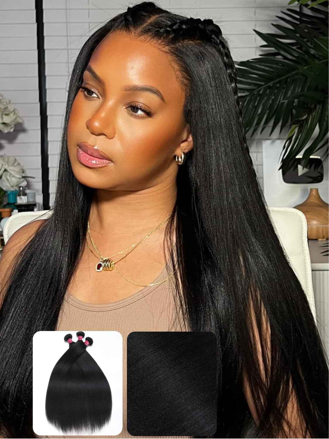 KLAIYI Yaki Straight Bundles Human Hair Weaves Unprocessed Real Virgin Hair Sew In Extensions 3 Bundles 10 12 14Inch, 12A Kinky Straight Double Wefts for Women Cllip In Light Yaki Natural Black Color