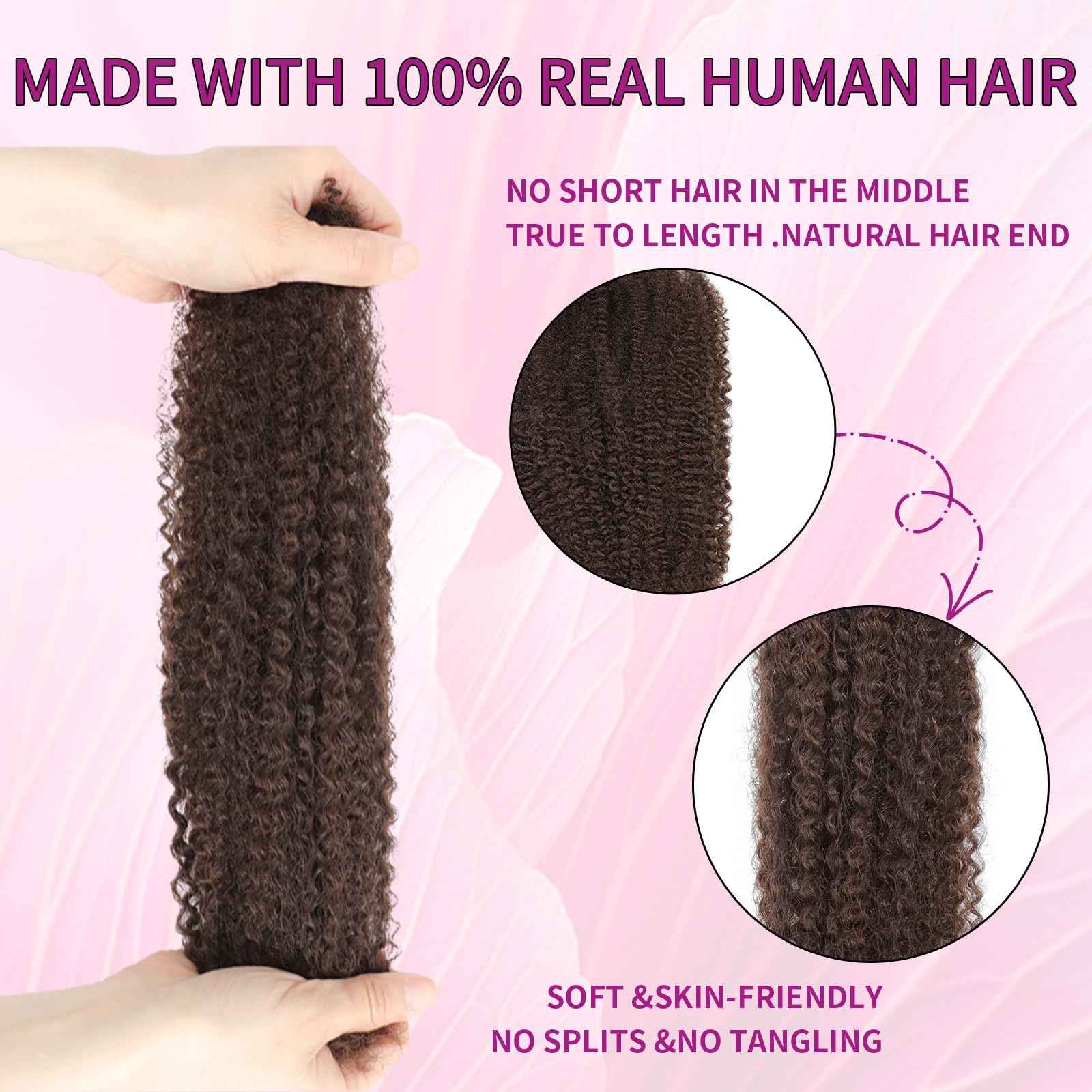 Geogroket Afro Kinkys Bulk Human Hair for Permanent Micro Locs/Twists/Braids/Repair No Short Hair Medium Brown 4C Afro Kinky Curly Bulk Human Hair 16 Inch 4#