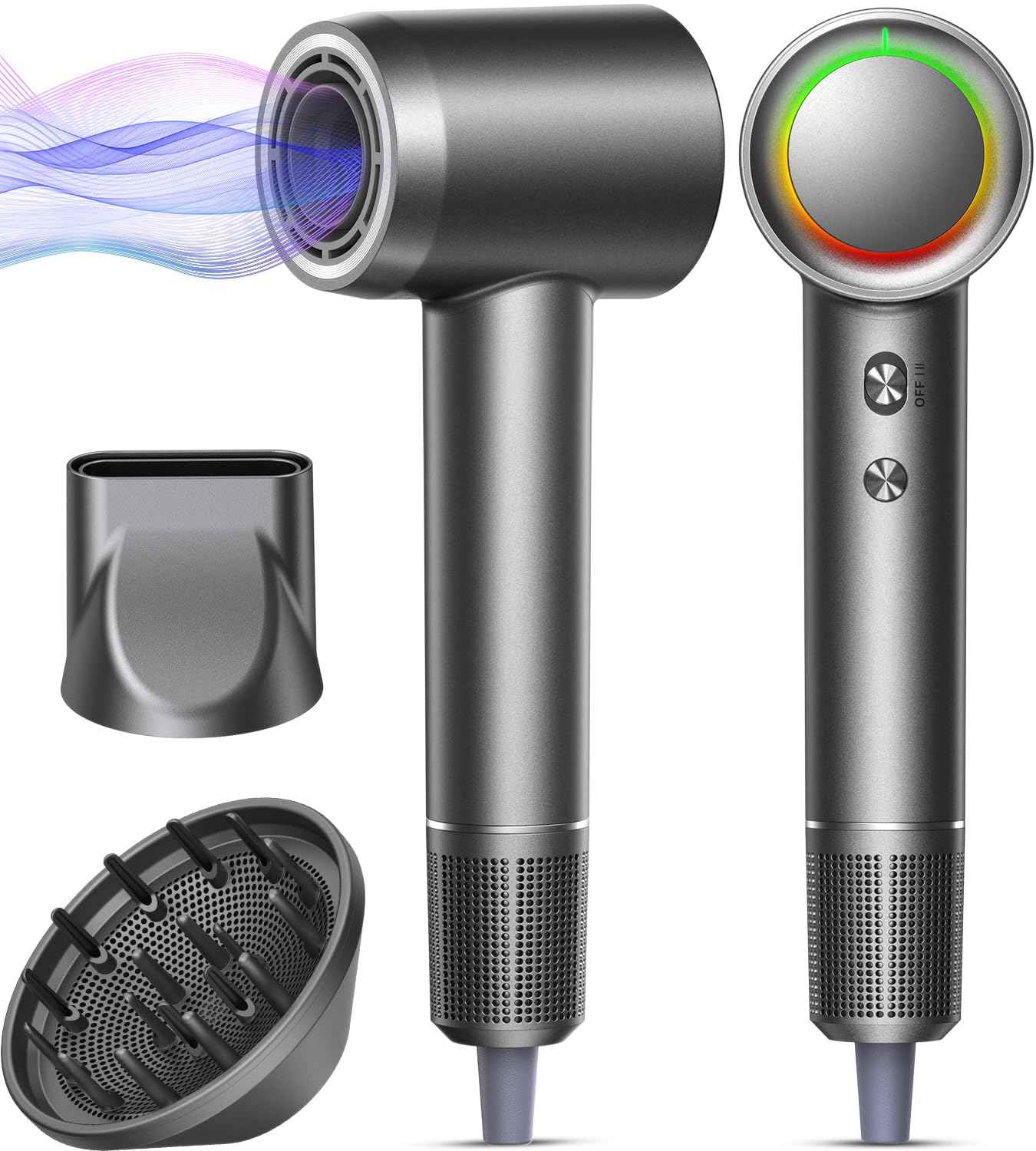 Hair Dryer - 1 Min Fast Drying, High-Speed Blow Dryer with 500 Million Negative Ions, No Heat Damage, Low Noise, Professional Hairdryer with Diffuser & Nozzle, Gunmetal, Hair Dryer Concentrator Nozzle