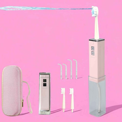 Cordless Water Flosser & Toothbrush Combo.Pink.Portable Dental Oral Irrigator. 4 Nozzles, 2 Brushes Head,1 Travel Case.IPX7 Waterproof.2 in 1 Cleaning Kit. Powerful Water Pump, Adjustable Max1400 PPM