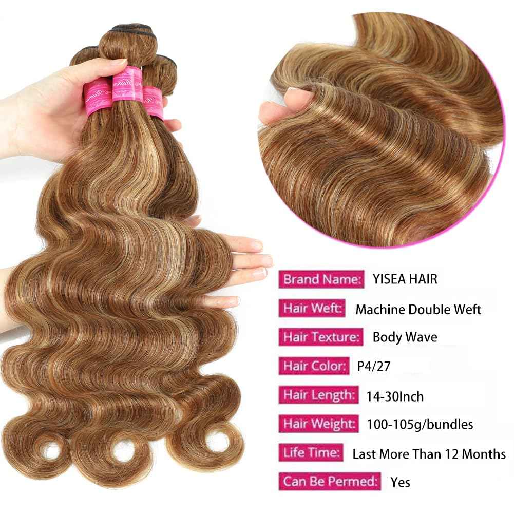 Highlight Human Hair Bundles Body Wave P4/27 Ombre Brown Body Wave Bundles Colored (14 16 18 Inches) Honey Blonde Human Hair Brazilian Virgin Hair Weave 100% Natural Herbal Dyeing