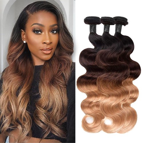 12A Ombre Human Hair Bundles T1b/4/27 Body Wave Bundles 100% Brazilian Virgin Human Hair 3 Tone Ombre Black Brown Blonde Quick Weave Bundle Deal for Women 14 16 18 Inch Thick and Full Hair Extensions