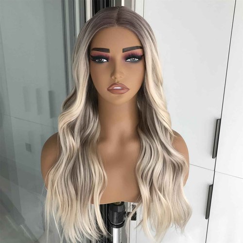 mytonecoo Highlight Blonde Wear and Go Glueless Wig Synthetic Lace Front Wigs for Women Body Wave Pre Cut Pre Plucked Lace Dirty Blonde Wig Medium Length 20inch Ready to Wear Wigs