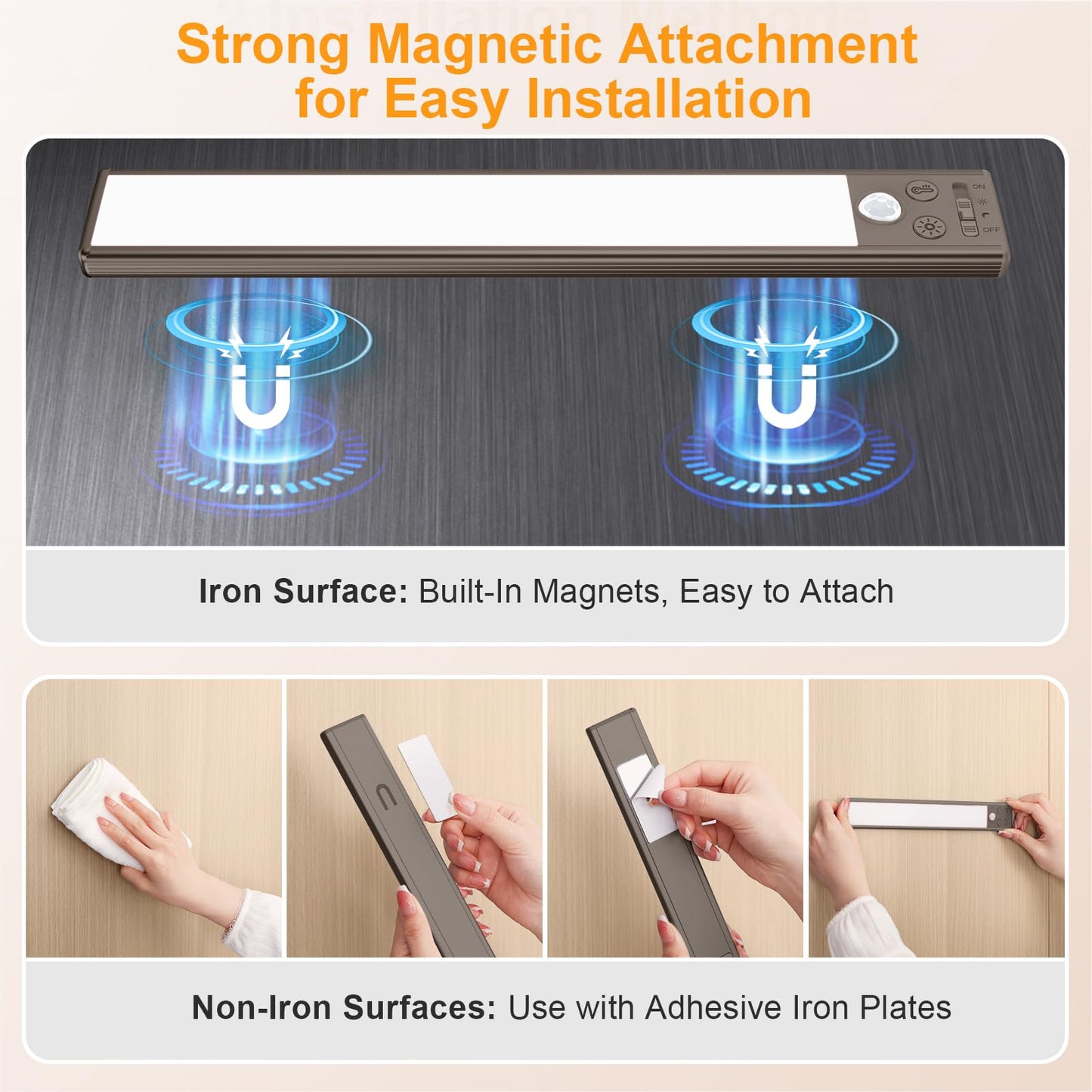 Gritin 10.2inch Under Cabinet Lighting Rechargeable -84 LED Super Bright,3-Color& 5 Level Brightness,4 Modes,Motion Sensor, Long Lasting- Easy Installation Magnetic Closet Lights -2 Pack-Bronze