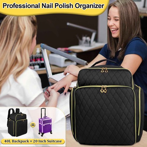 ahzske Nail Polish Organizer Backpack Holds 126 Bottles& Nail Lamp, Extra Large Nail Kit Supplies Organizer Bag with 3 Removable Cases, Portable Nail Organizers and Storage for Travel (Pure Black)