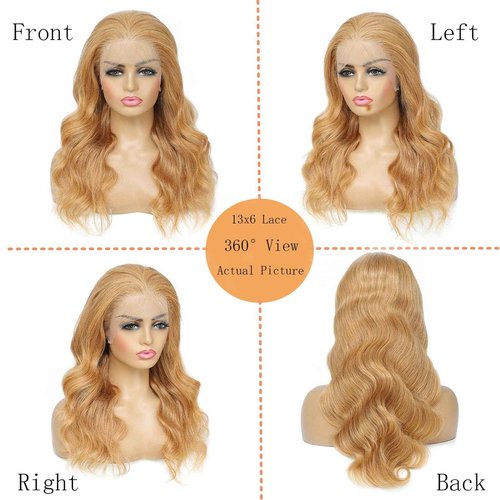 Fugool Honey Blonde Lace Front Wig 13x6 HD Lace Front Wigs Human Hair Pre Plucked 27# Blonde Body Wave Lace Wig 180 Density Colored Glueless Frontal Wigs For Black Women Human Hair 13x6 22 Inch