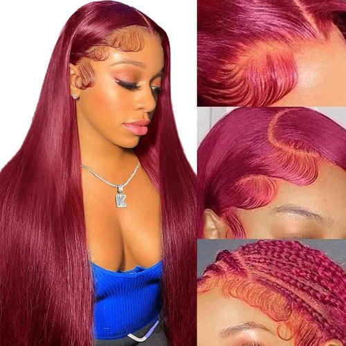 Samrabeauty 99j Burgundy Straight Lace Front Wigs Human Hair 99J 13X4 HD Transparent Lace Frontal Wigs 180% Density Glueless Pre Plucked with Baby Hair Wigs for Women