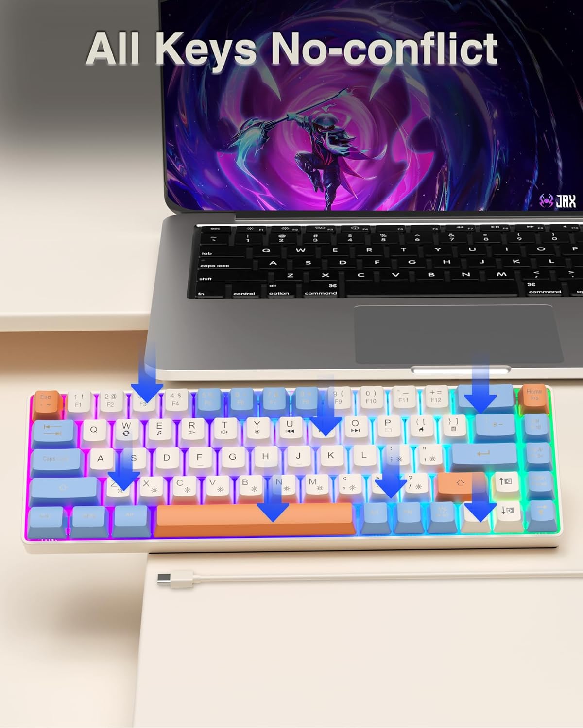 60% Gaming Keyboard,Small Keyboard USB-C Wired,Compact Mini Teclado Gamer,68 Keys RGB Backlit Portable Membrane Keyboards for Business Trips,Office,PC Games (SK968,White)