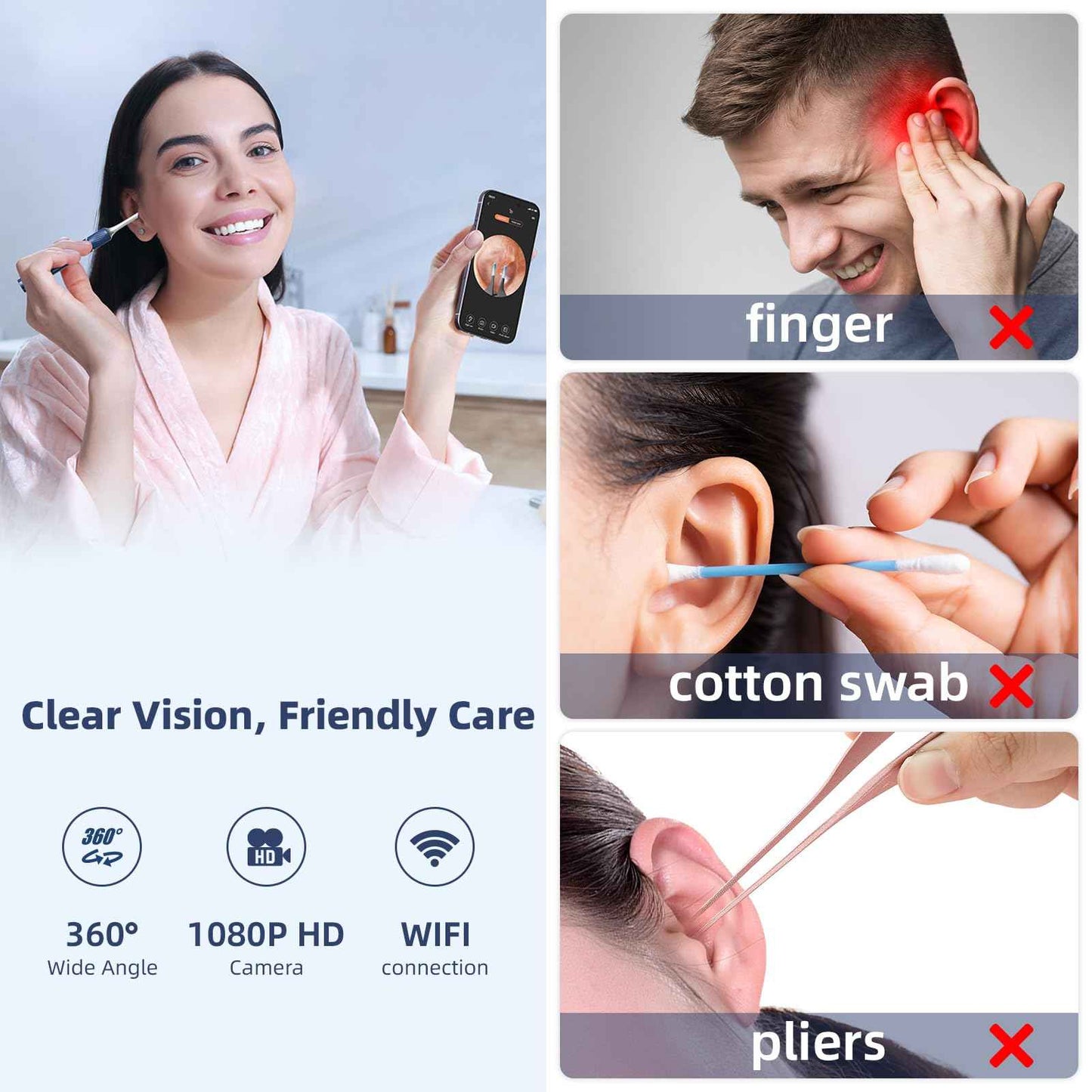 MARSDREAMS Ear Wax Removal Tool with Tweezers, Ear Cleaner with FHD Camera, Cleaning Earwax Remover Picker Kit with Light 12 Replacement Ear Picks