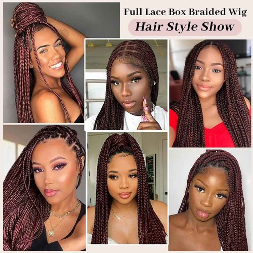Suntefic Knotless Box Braided Wigs for Black Women Glueless Double Full Lace Front Human Hair Blended Lightweight Hand Braid Wig with Baby Hair (Ombre Burgundy, 30 Inch)