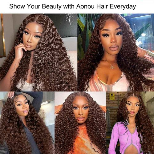 Aonou Full Brown Deep Wave Lace Front Wigs Human Hair Pre Plucked 220% Density 13x6 Chocolate Brown Curly Lace Frontal Wigs Human Hair for Women Brazilian Virgin Hair 22inch