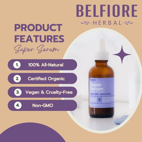 Belfiore Herbal 100% All Natural Super Serum – Vitamin A, C & E + Ferulic Acid | Brightens Skin | Plant-Based, Non-GMO for Face & Neck - Made in the USA (2oz)