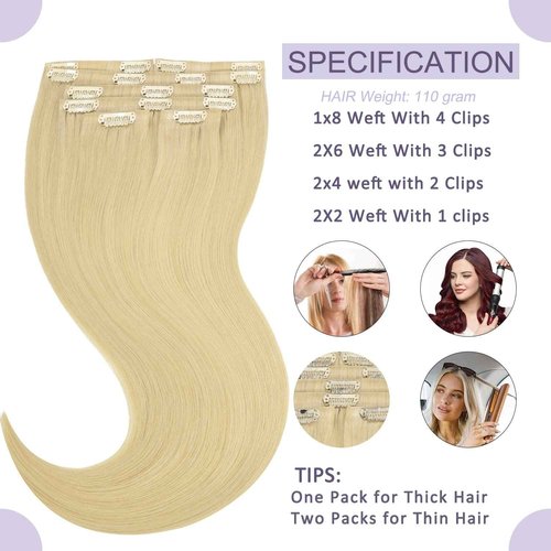 Anrosa Bleach Blonde Highlights - 18Inch Seamless Clip in Human Hair Extensions (7 Pcs, 110Gram) - Real, Natural, Silky Straight PU Weft